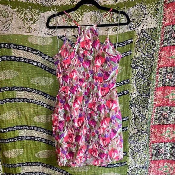 Bar III Pink Floral Strappy Silk Mini Dress Size Medium - Picture 7 of 12